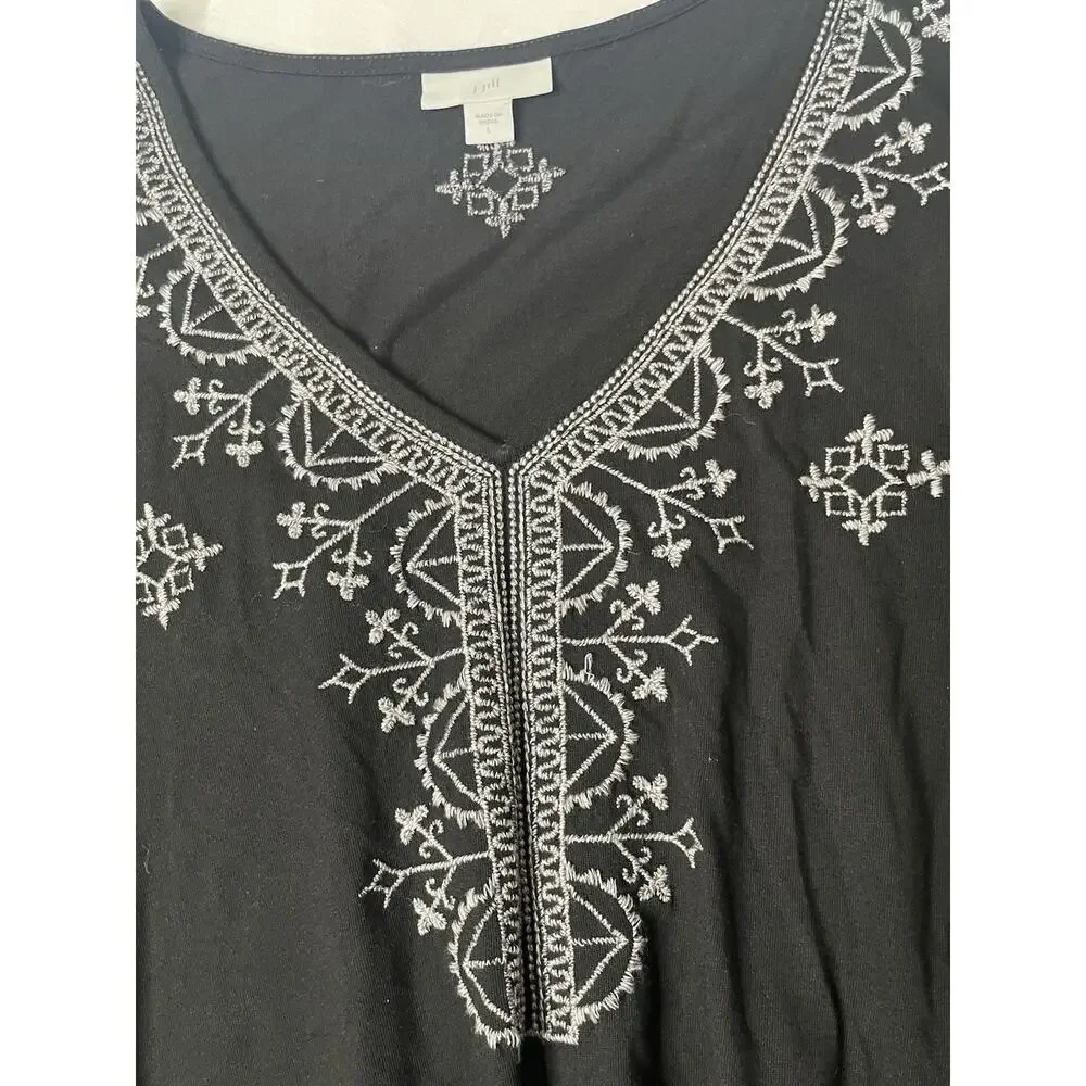J. Jill Womens L Black Gray Embroidered Tunic Top 3/4 Sleeve Boho